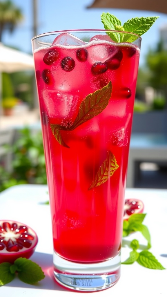 A tall glass of Pomegranate Vodka Spritz with ice, mint garnish, and pomegranate seeds, set against a sunny backdrop.